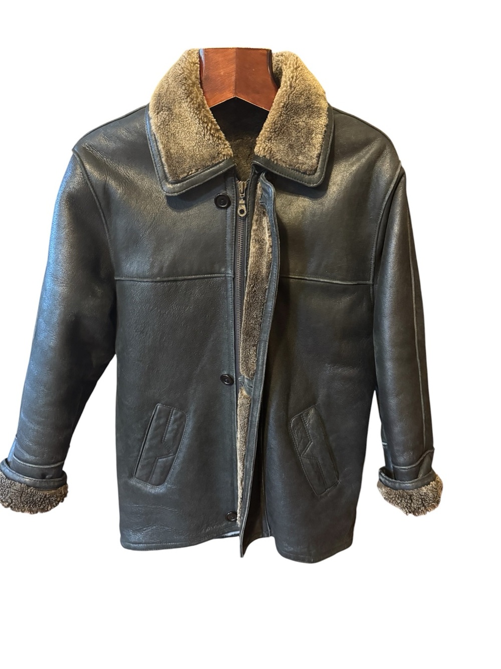 Men's Shearling-Trim brown leather coat once or twice made in Europe size S